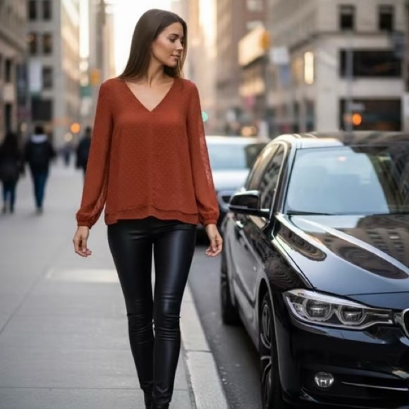 J.Crew Women's V-Neck Rust Layered part Sheer Polka Dot Blouse S - Picture 1 of 4